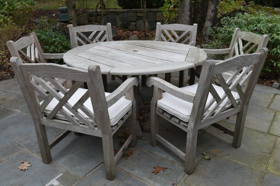 Wood Classics Round Weathered Teak Table With Six Arm Chairs, Cushions And Umbrella