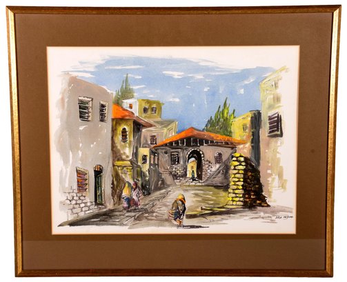 Signed Dan Moskuazi Watercolor Painting Depicting A European Village