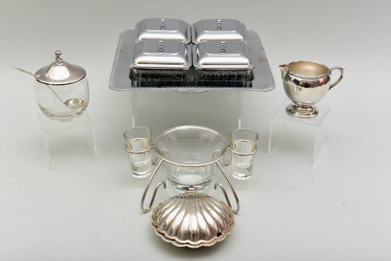 Four Section Chrome Condiment Tray, Clam Dish, Creamer And Sugar Bowl With Sterling Silver Spoon