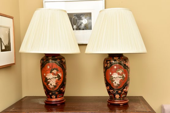 Pair Of Chinoiserie Table Lamps With Wooden Bases
