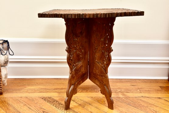 Carved And Brass Inlaid Leaf Themed Square Side Table