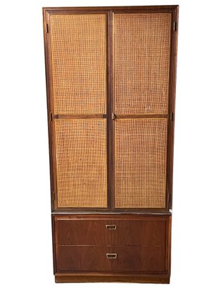 MCM Wood And Cane Doors Wardrobe Cabinet And Bottom Drawers In Two Pieces.