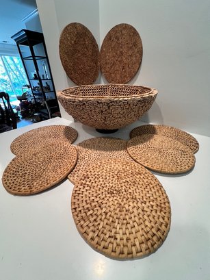 Crate And Barrel Cork Bowl, And Wicker Style Place Mats