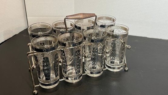 Set Of 8 Silver Overlay Highball Glasses W/ Holder