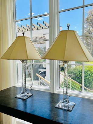 Pair Etched Glass Table Lamps With Silk Shades