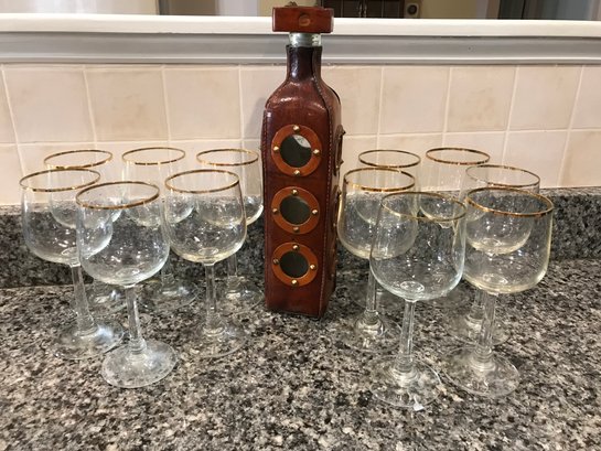 Unique Leather Wrapped Decanter & 12 Goldplate Rimmed Wine Glasses