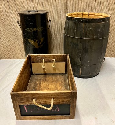 Wood Barrel, Ash Can, & Wooden Crate Lot
