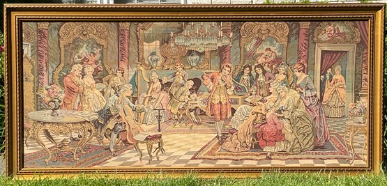 Large Antique Tapestry, Victorian Figures In Music Room Scene