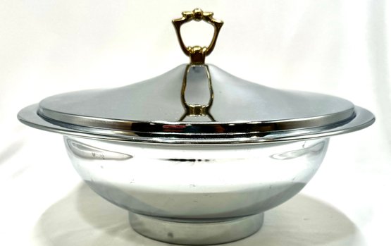 Vintage 1960's Chrome Covered Serving Bowl W/ Brass Handle By Kromex