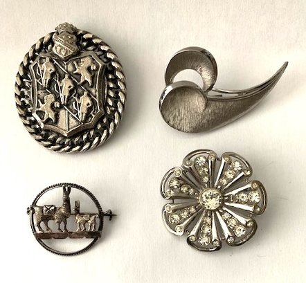 Lot Of 4 Silver-Tone Pins Brooches: Coat Of Arms, Llamas, And More