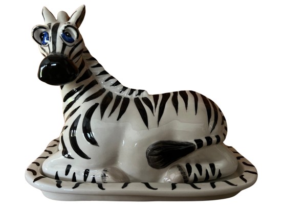 Painted Ceramic Zebra Butter Dish