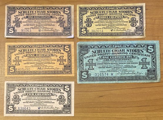 1920's-1930's Schulte Cigar Stores - United Profit Sharing Coupons - 1/2, 1, 2, 3 & 5 Coupons
