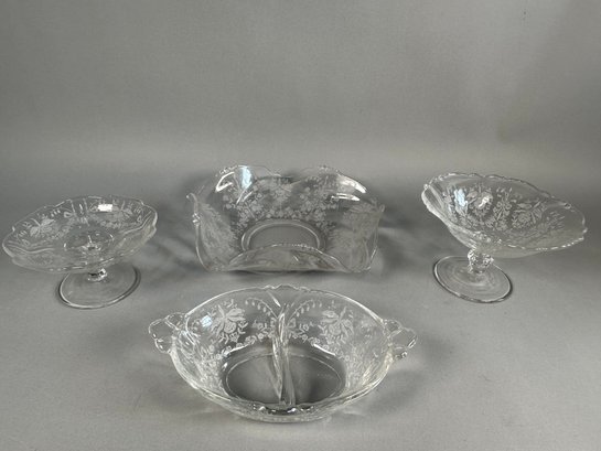 Vintage 1940s Heisey Etched Glass Orchid Pattern Dishes