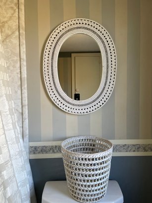 Wicker Vanity Oval Mirror And A Waste Basket. .