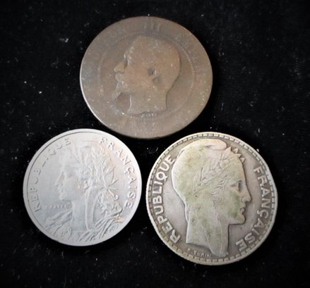 3 French Coins, 1930 10 Francs Silver, 1853 10 Centimes, 1903 25 Centimes