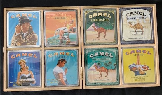 Camel Collectible: The Tins Of 2001 Wood Display Case With 8 Unopened Camel Tins