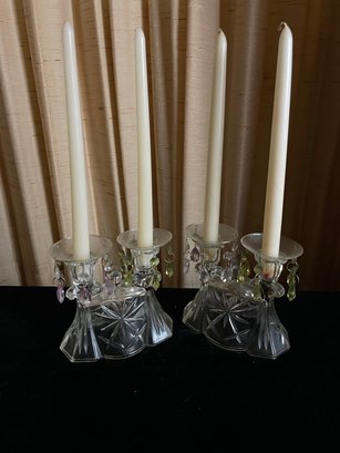 Pair Of Vintage Candle Holder Glass Art Deco Double Candelabras