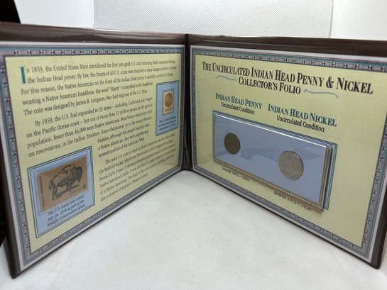 Collector's Folio With Uncirculated Indian Head Penny, Indian Head Nickel And Stamps