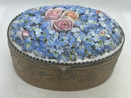 Antique Circa 1900 DRESDEN ELFINWARE Applied Porcelain Flower Bronze Casket Box