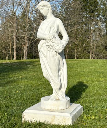 A Large Cast Concrete Neoclassical Garden Statue - Female Figural With Flowers, Over 4' High!