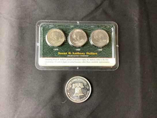 1983 A Mark .999 Pure Silver Rounds Marked 'Life Liberty Happiness' And 3 Susan B Anthony Coins