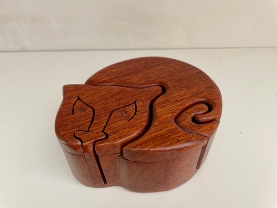 Artisan Made Cat Form Wood Puzzle Trinket Box