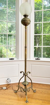 A 19th Century Brass And Frosted Glass Gas Light Floor Lamp - Fitted For Electricity