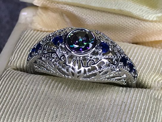 Incredible Brand New - 925 / Sterling Silver Ring With Mystic Topaz With Channel Sapphires - Lovley Ring !