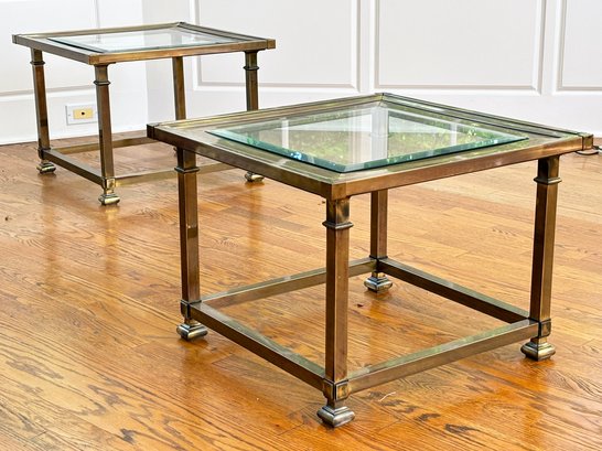 A Pair Of Vintage Brass Clad Side Tables With Beveled Glass Top By Mastercraft