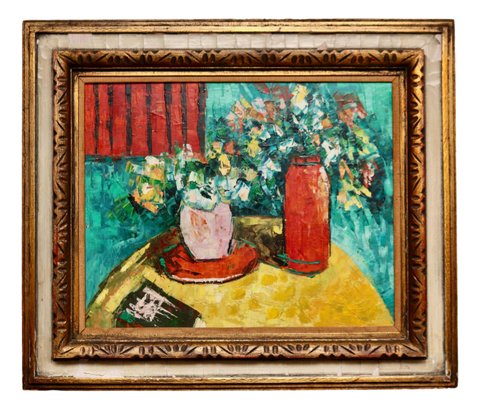 Flowers On Table Still Life Oil On Canvas  Framed Painting