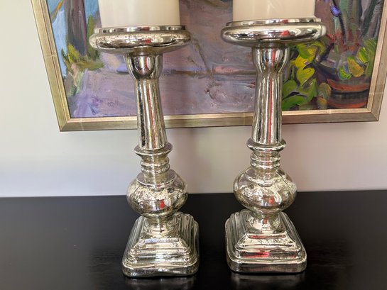 Pair Of Pottery Barn Mercury Glass Candle Holders And New Pillar Candles