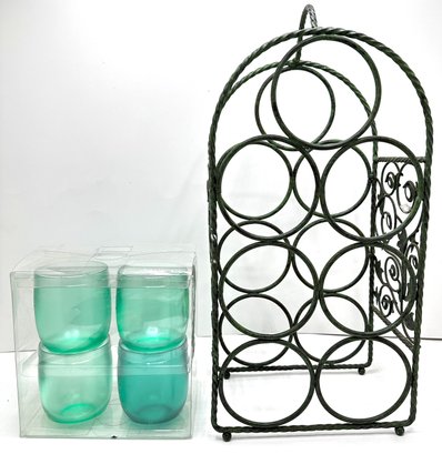 Vintage Wine Rack & 4 New In Box Lucite Stemless Wine Glasses