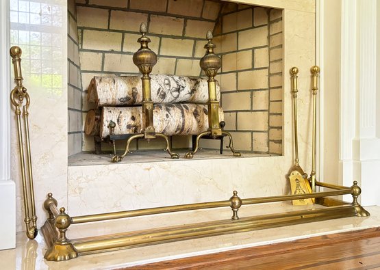 A Gorgeous Brass Fireplace Assembly - Tools, Fender, And Chenets