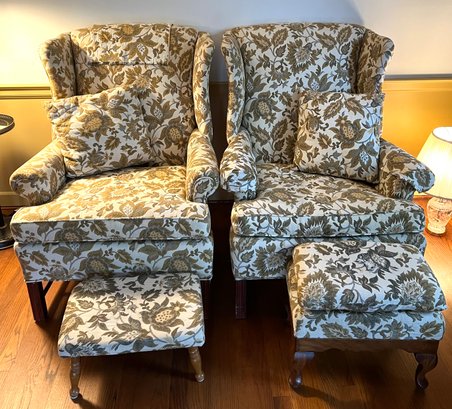 Pair Of Floral Wingback Living Room Chairs With Footstools