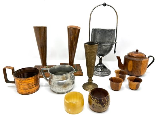 Vintage Copper, Pewter & Wood Creamers, Candle Sticks, Cup, Napkin Rings & More