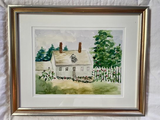 Custom Framed Country House Watercolor, Pencil Signed