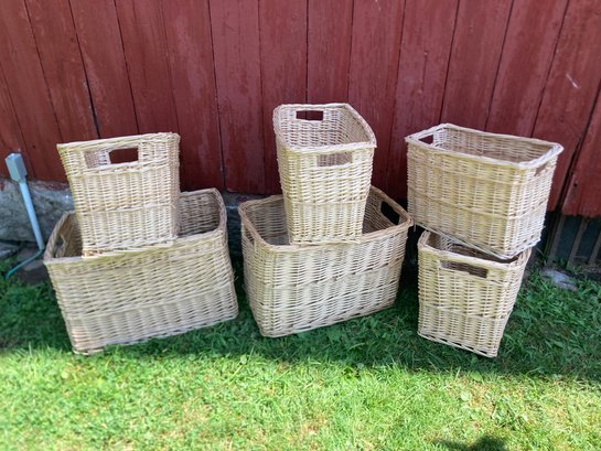6 Good Size Woven Baskets Rectangular With Side Handles Various Sizes