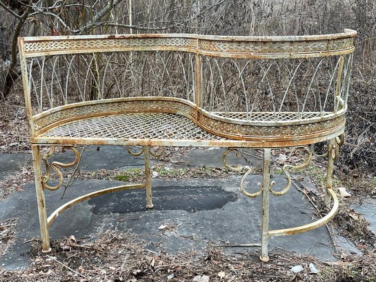 A Vintage Outdoor Wrought Iron And Mesh Double 'S Curve' Bench