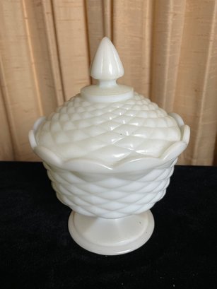 Vintage Anchor Hocking White Milk Glass Covered Candy Jar
