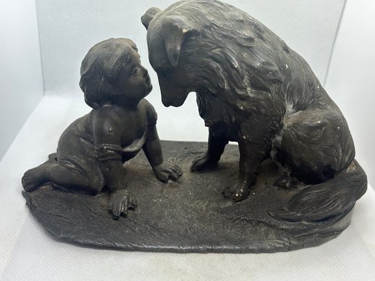 Antique Zinc Sculpture Of Child And Collie- G. Ferrad Homage, Circa 1910