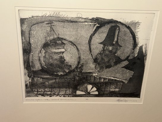 Unusual Vintage Mid Century Modern Surrealist Etching- Civil War Ship 'Ironsides' With Captain