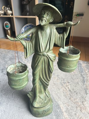 Large Chinese Patinated Bronze Sculpture Of A Chinese Farmer With Water Buckets