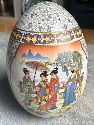 Large Vintage Chinese Hand-painted Porcelain Egg Sculpture- Women Of Means