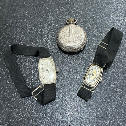 Antique Pocketwatch  And Two Watches With Grosgrain Bands ~ Gruen And Unmarked ~