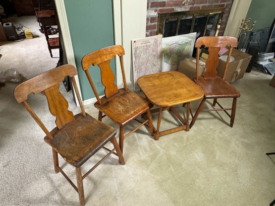 THREE ANTIQUE MAPLE PLANK SEAT CHAIRS W/ A MAPLE SIDE TABLE
