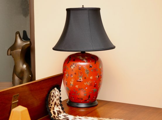 Hand Painted Red-Orange Ginger Jar Lamp  With Contemporary Motifs And Black Shade