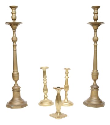 Set Of 2 Imported Floor Brass Candlesticks And 3 Table Candlesticks