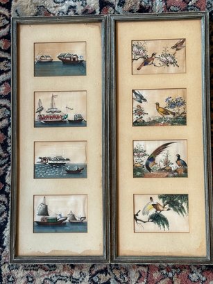 Pair Of 4 Framed Antique Chinese Export Paintings Of  Birds And Boats