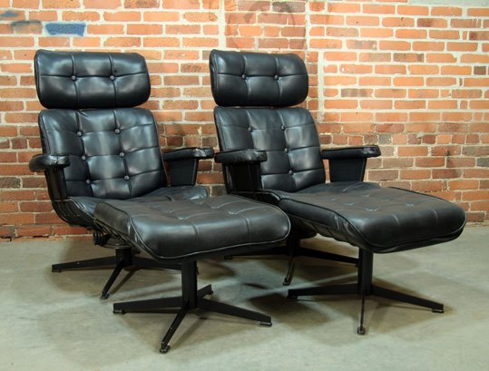 Pair Of Mid Century Modern Homecrest Black Faux Leather Lounge Chair & Ottomans