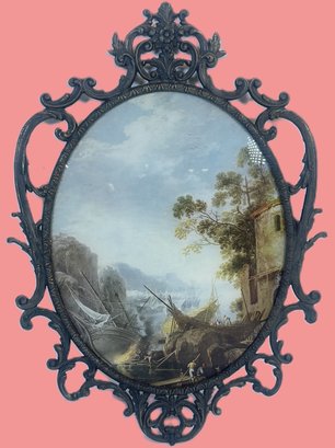 Vintage Painting In Ornate Brass Frame With Convex Glass